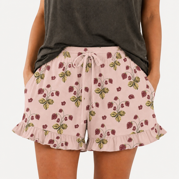 PREORDER womens ruffle short | mauve chalk strawberry | organic cotton interlock