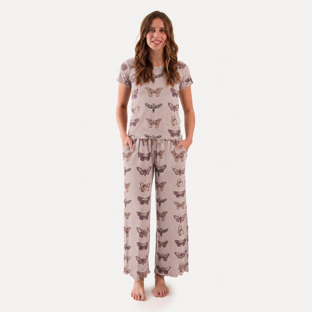 PREORDER womens short sleeve jade set | purple moths | organic cotton interlock