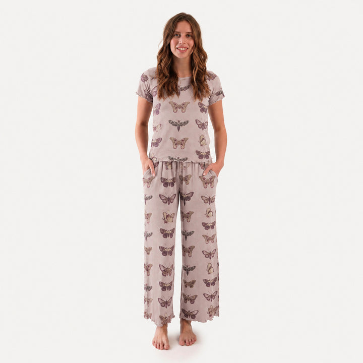 PREORDER womens short sleeve jade set | purple moths | organic cotton interlock