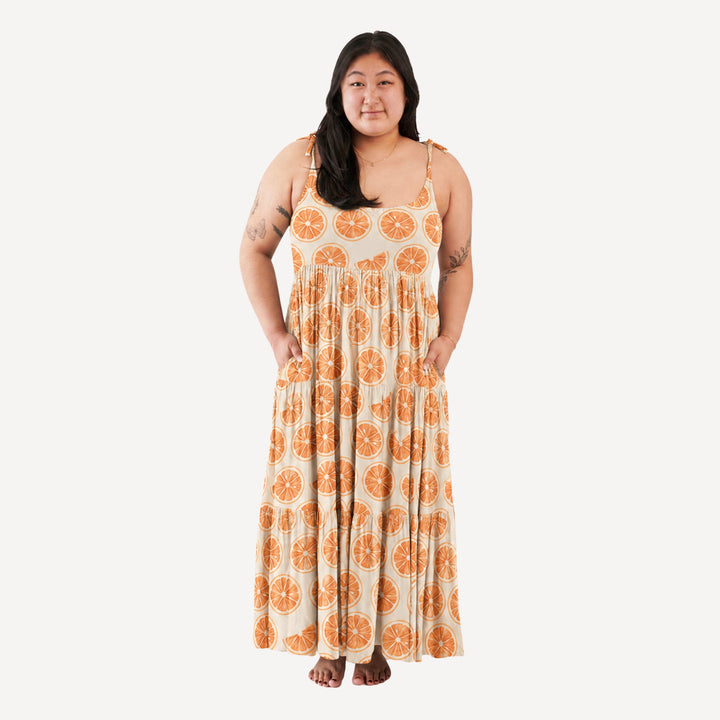 PREORDER womens spaghetti tie prairie dress | orange slices | bamboo