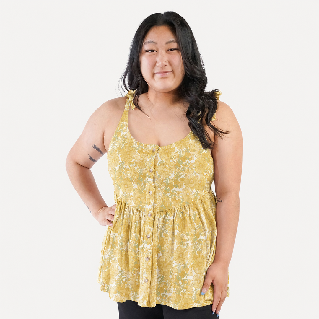 PREORDER womens spaghetti tie button front v-waist top | 70s daisy | organic cotton interlock