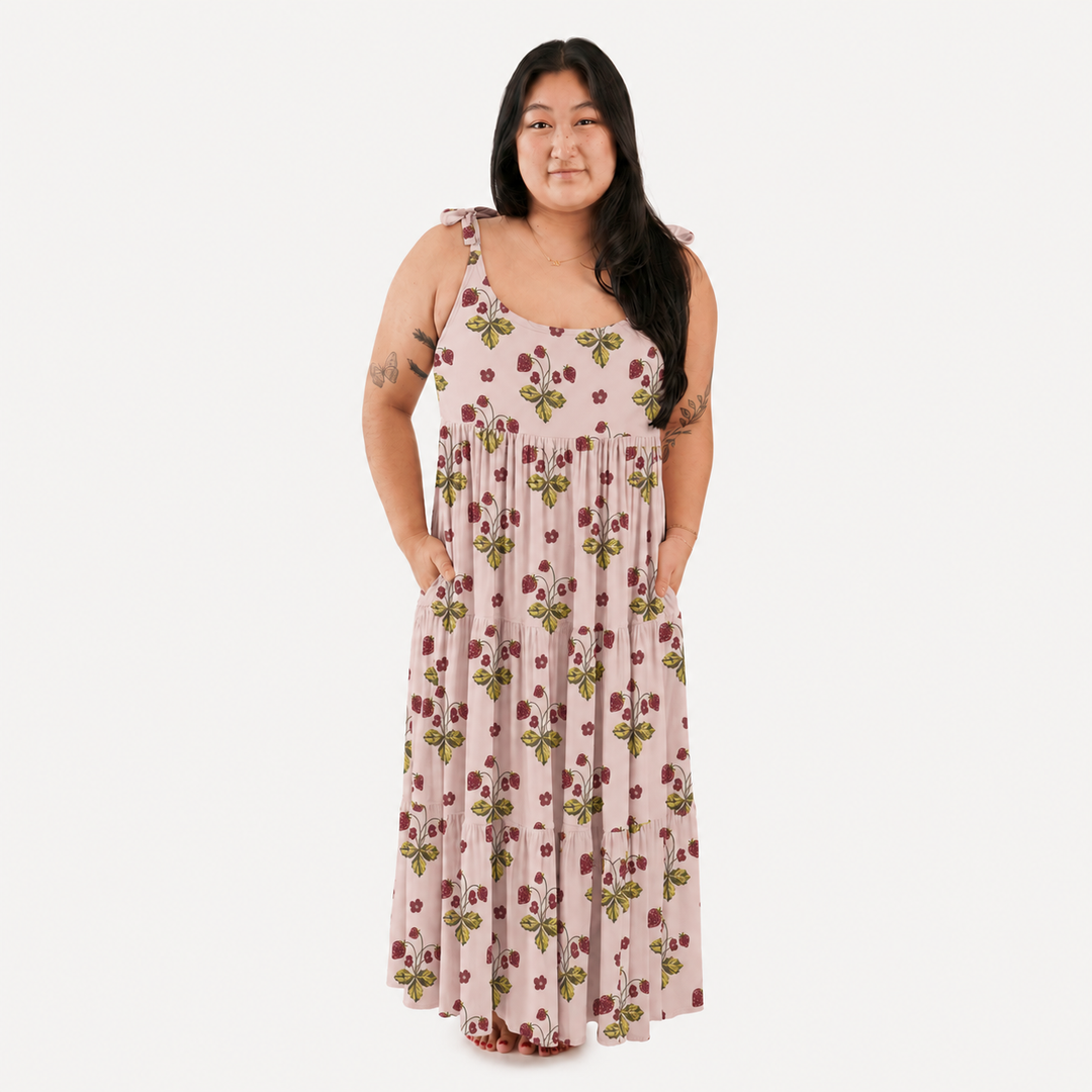 PREORDER womens spaghetti tie prairie dress | mauve chalk strawberry | organic cotton interlock