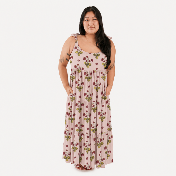 PREORDER womens spaghetti tie prairie dress | mauve chalk strawberry | organic cotton interlock