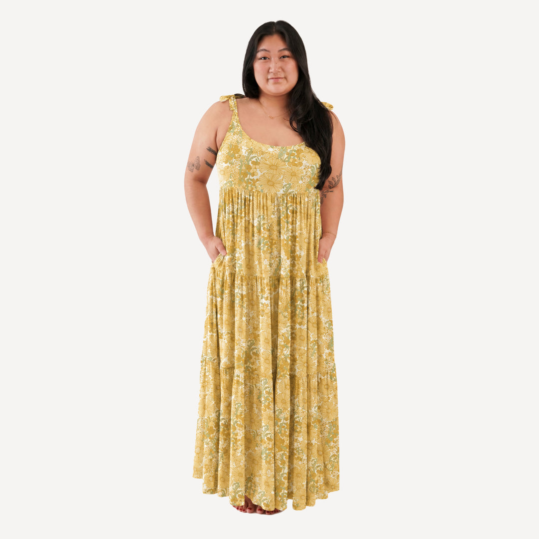 PREORDER womens spaghetti tie prairie dress | 70s daisy | organic cotton interlock