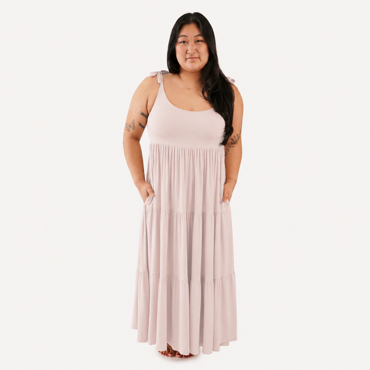 PREORDER womens spaghetti tie prairie dress | mauve chalk | organic cotton interlock