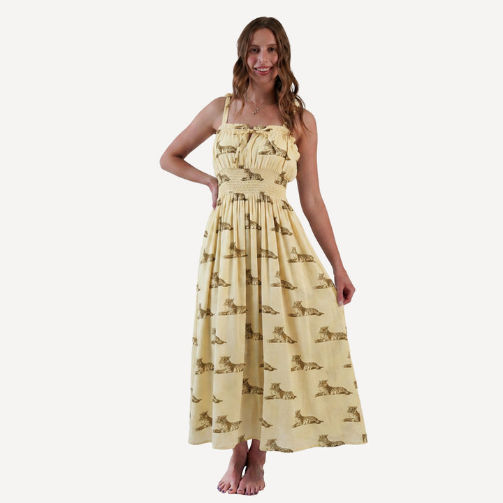 womens spaghetti tie winnie dress | classic tiger | organic cotton gauze
