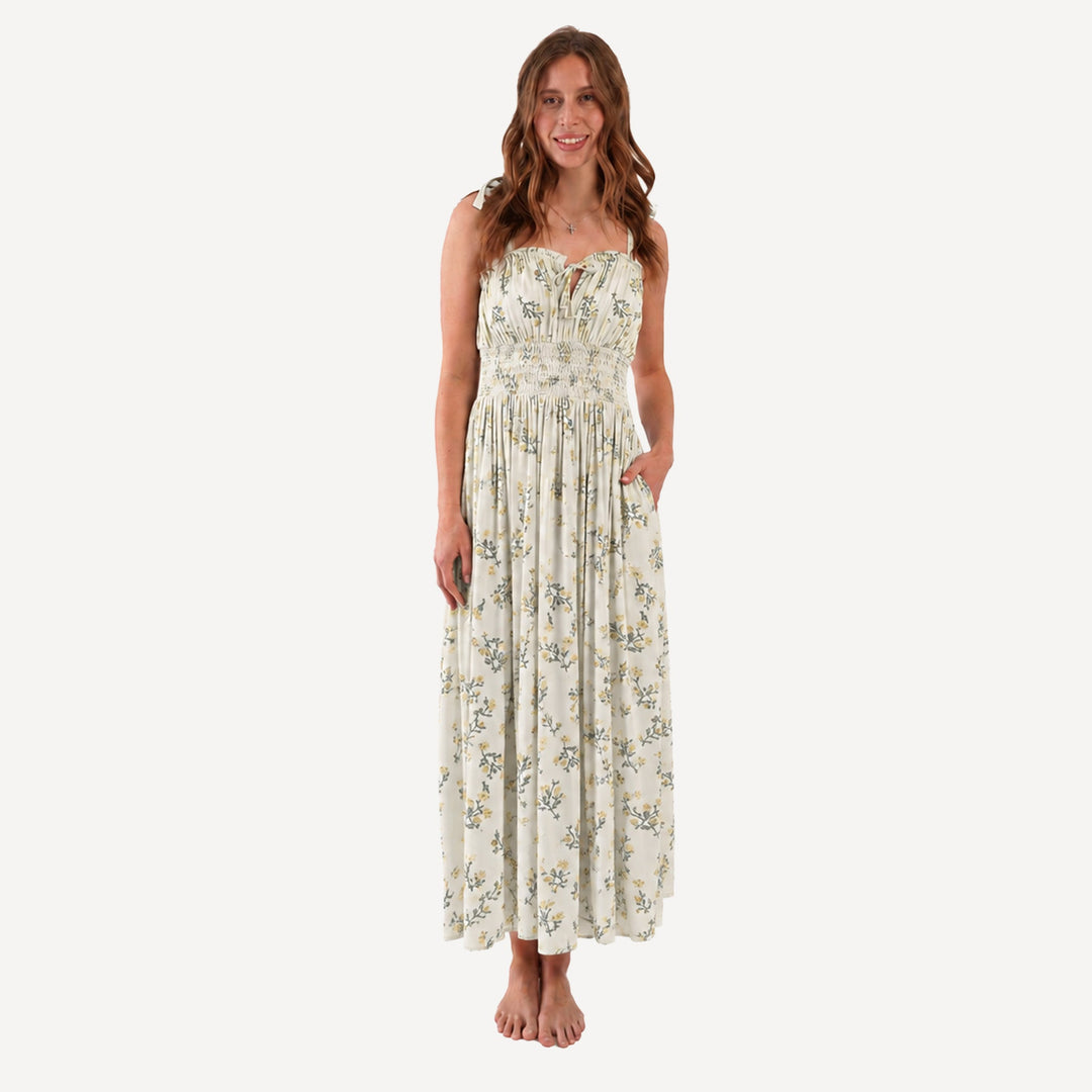 PREORDER womens spaghetti tie winnie dress | tiny chamomile | bamboo