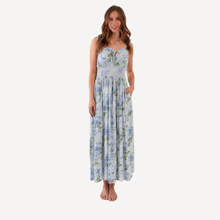 PREORDER womens spaghetti tie winnie dress | blue hydrangea | bamboo