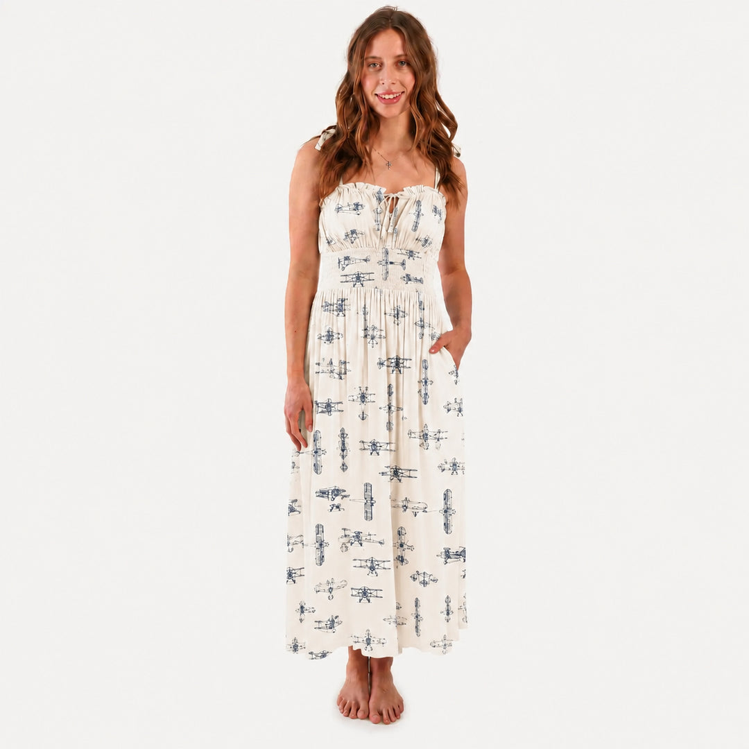 PREORDER womens spaghetti tie winnie dress | vintage airplane | organic cotton interlock