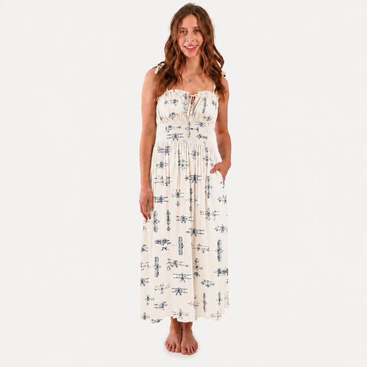 PREORDER womens spaghetti tie winnie dress | vintage airplane | organic cotton interlock