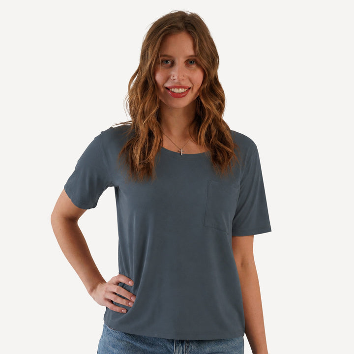 PREORDER womens short sleeve pocket boxy top | slate blue | bamboo