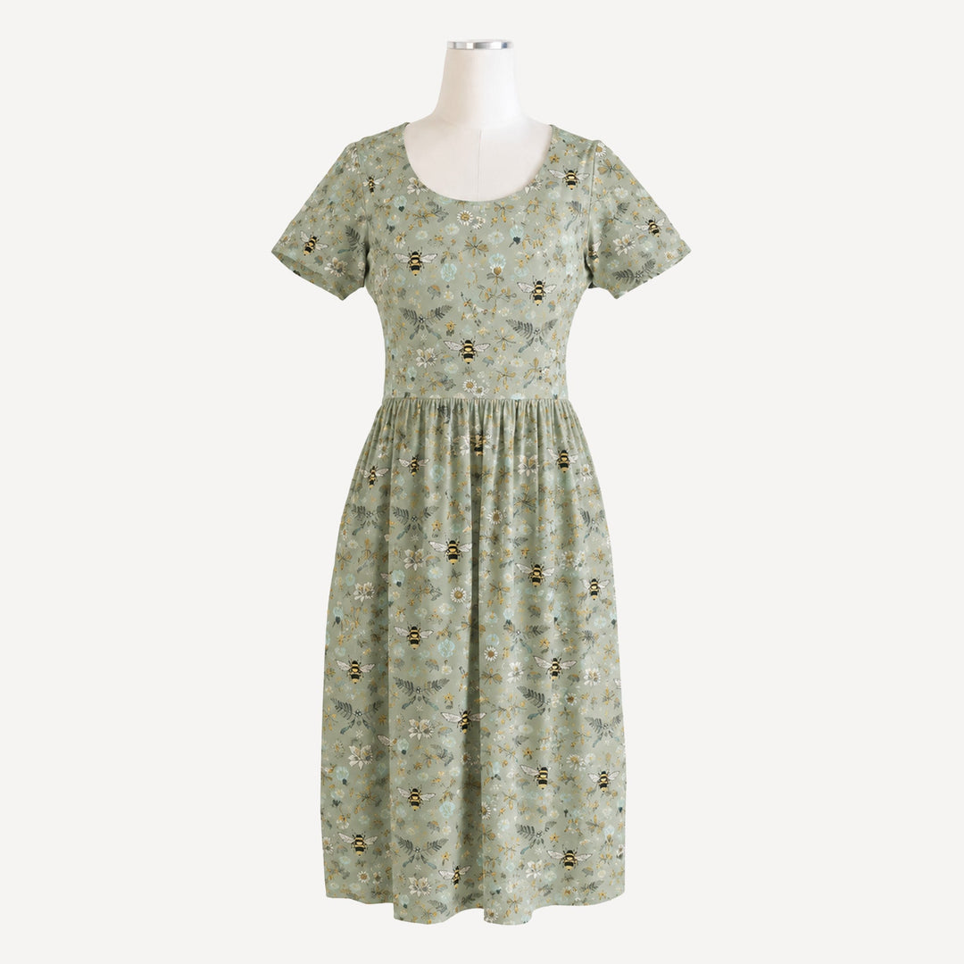PREORDER womens short sleeve scoop neck gathered dress | green litho bee | bamboo