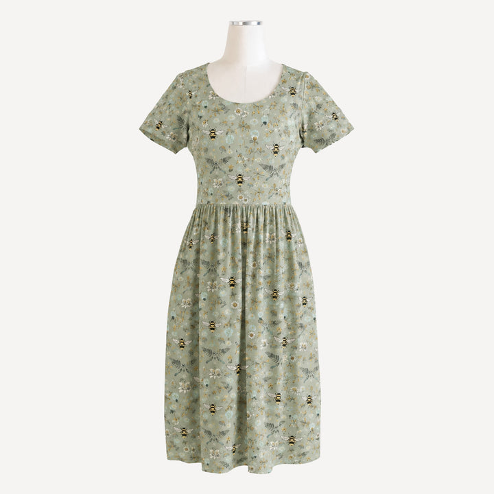 PREORDER womens short sleeve scoop neck gathered dress | green litho bee | bamboo