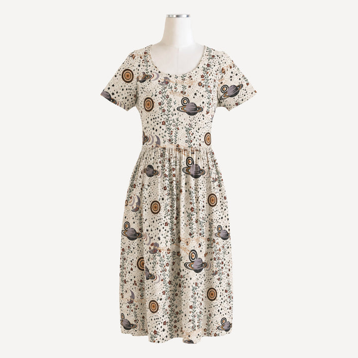 PREORDER womens short sleeve scoop neck gathered dress | mystical planets | bamboo