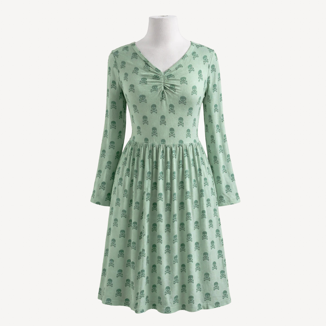 womens long sleeve twirl dress | green skulls | organic cotton interlock