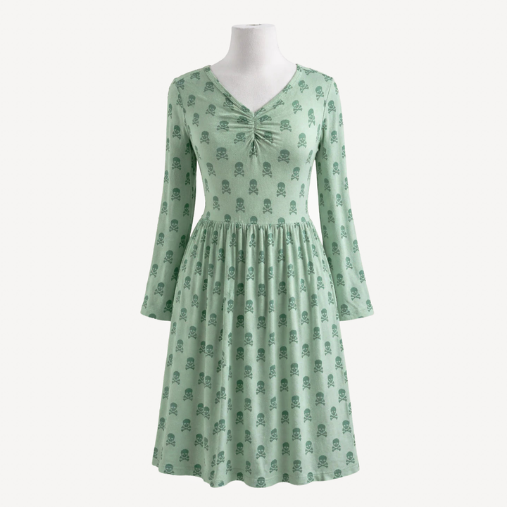 womens long sleeve twirl dress | green skulls | organic cotton interlock