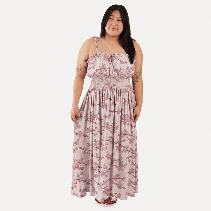 PREORDER womens spaghetti tie winnie dress | cherry blossom | organic cotton interlock