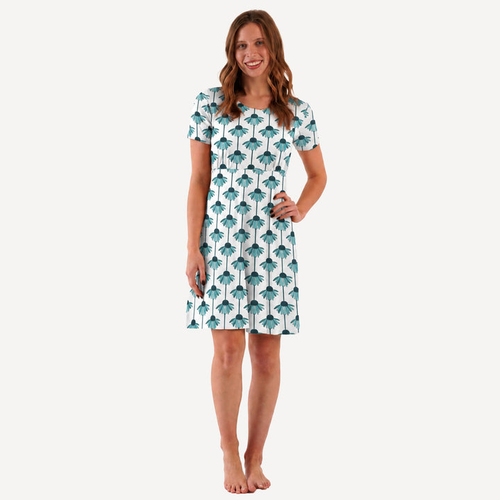 PREORDER womens half sleeve scoop neck gathered dress | teal echinacea | bamboo
