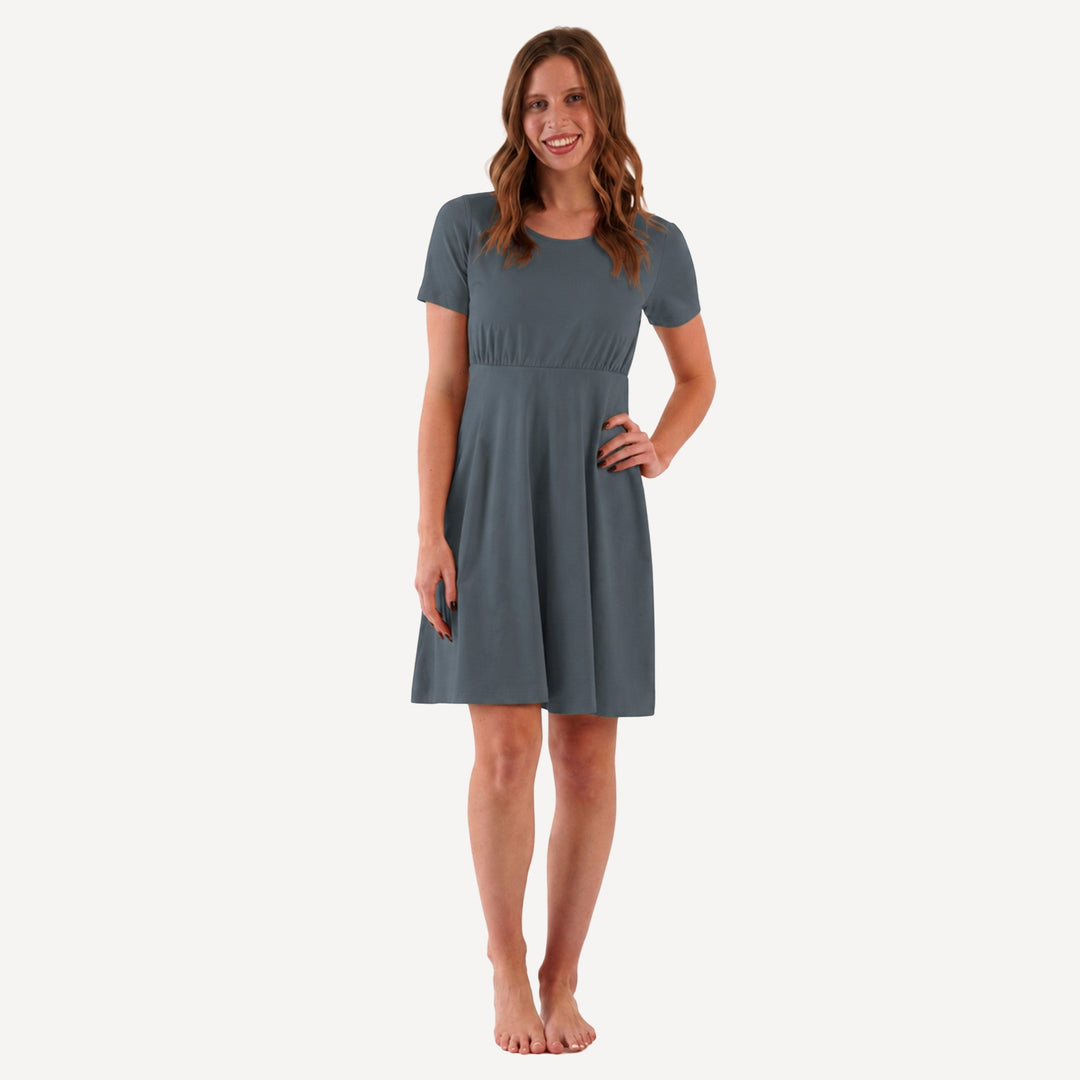 PREORDER womens half sleeve scoop neck gathered dress | slate blue | bamboo