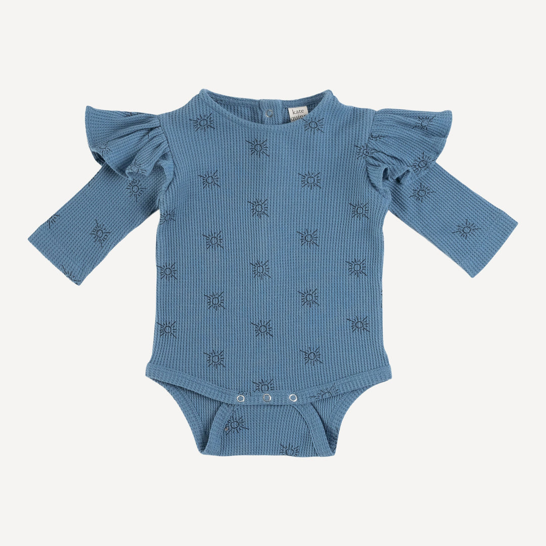 long sleeve shoulder ruffle bodysuit | blue night tiny suns | organic cotton thermal