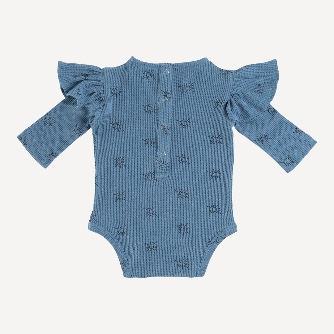 long sleeve shoulder ruffle bodysuit | blue night tiny suns | organic cotton thermal