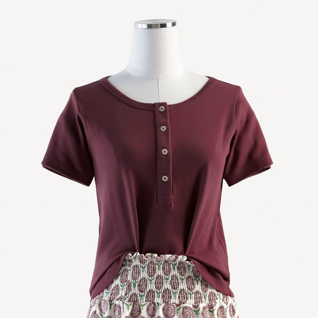 womens short sleeve button henley tee | mountain berry | organic cotton interlock