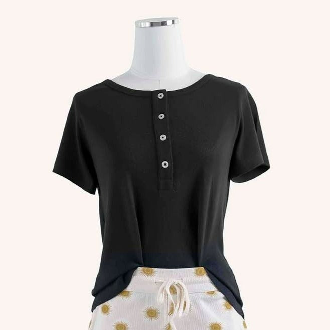 womens short sleeve button henley | black | organic cotton skinny rib