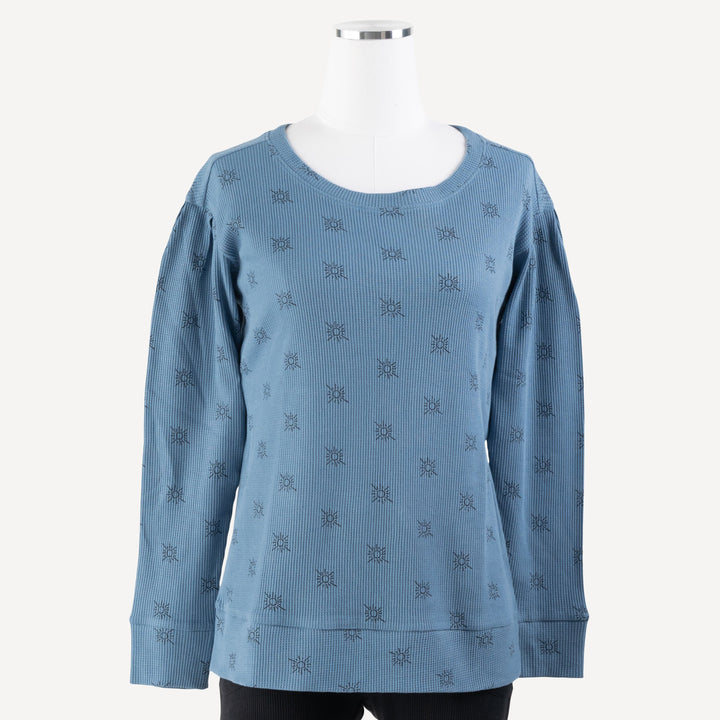 womens long pleated puff sleeve relaxed top | blue night tiny suns | organic cotton thermal