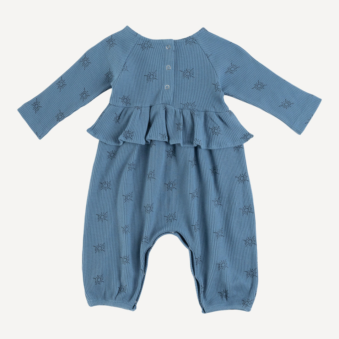 long sleeve ruffle romper | blue night tiny suns | organic cotton thermal