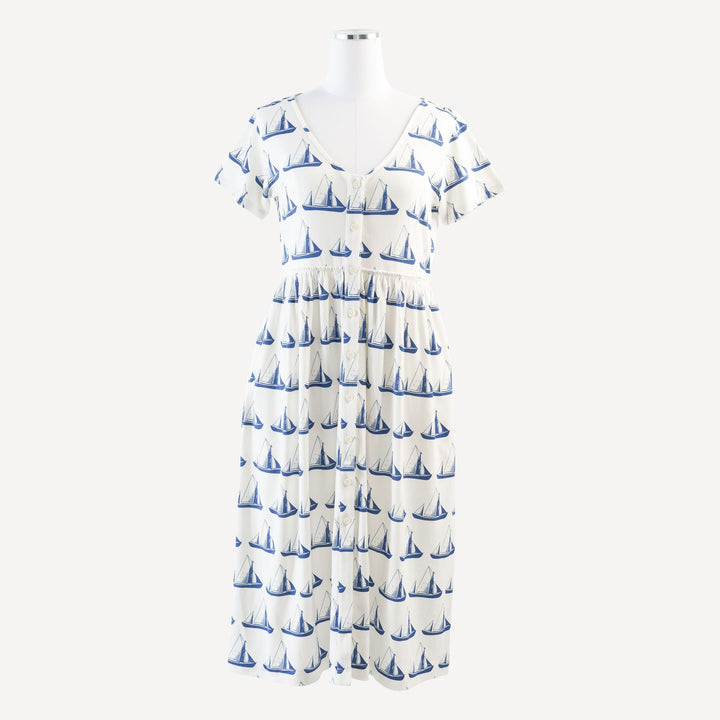 womens v-neck pocket button dress | azure blue sailboat | organic cotton interlock