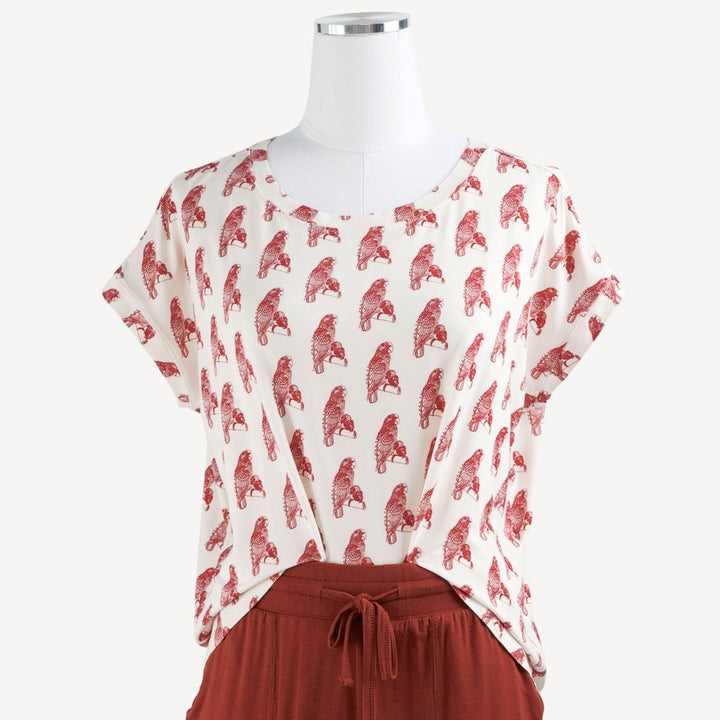 womens boxy crop | red parrot | summer weight bamboo