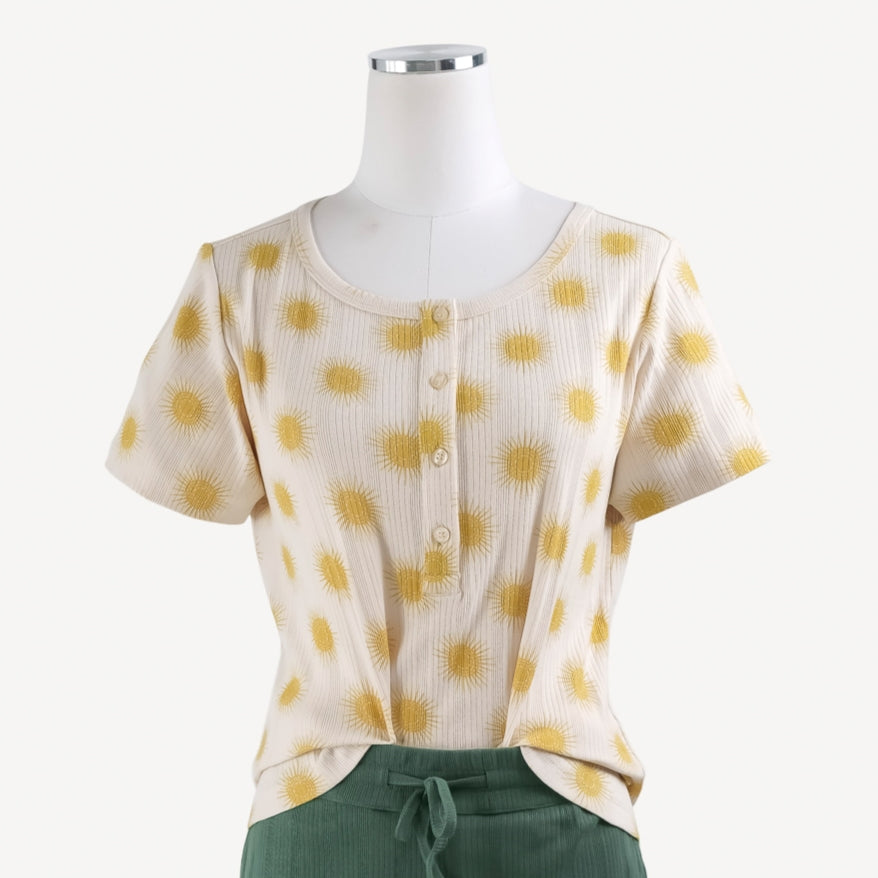 womens short sleeve button henley | jojoba small suns | organic cotton flat rib