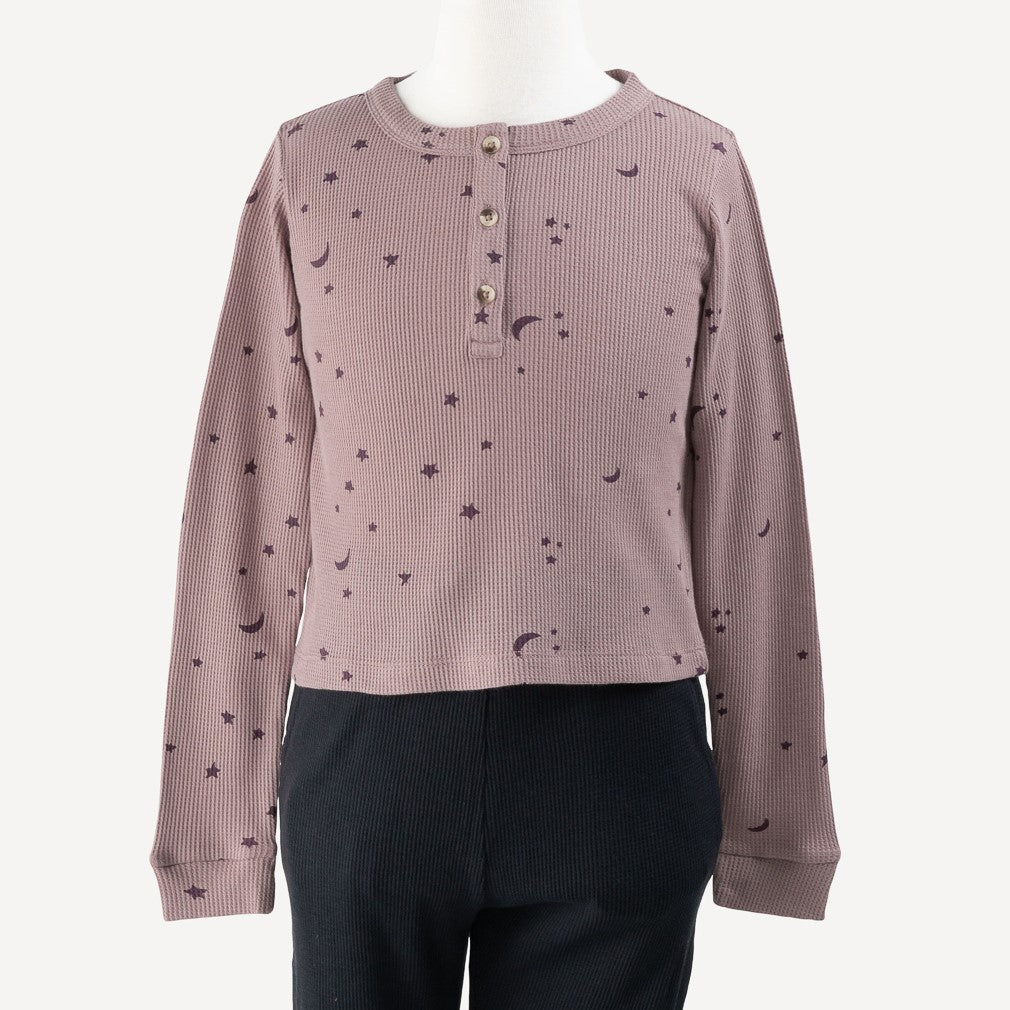 tween crop union henley | huckleberry stars + moons | organic cotton thermal