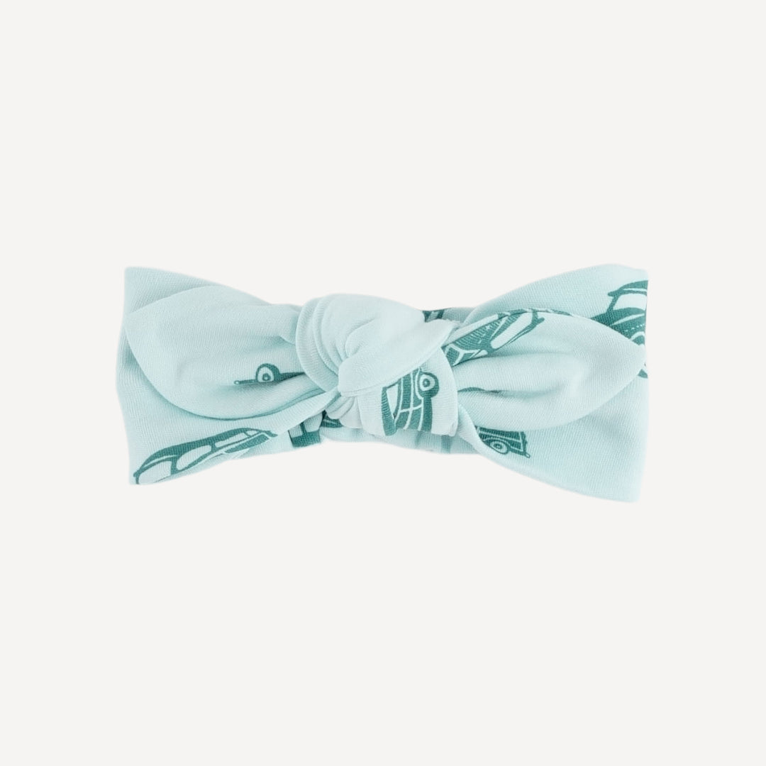 elastic knot top headband | teal camp car | organic cotton interlock