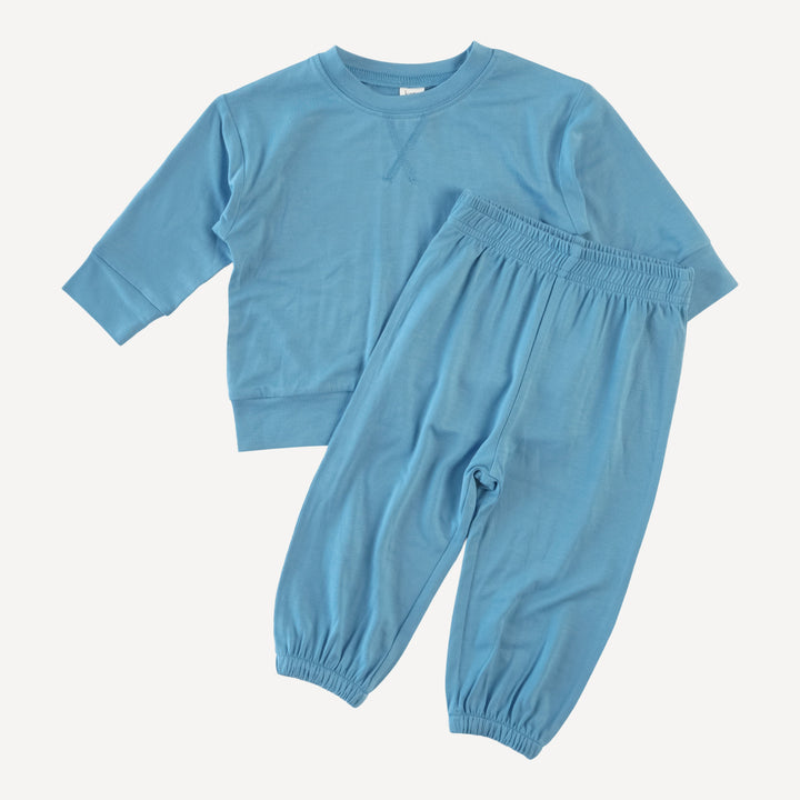 long sleeve boxy topstitch tee and relaxed jogger set | blue wave | bamboo