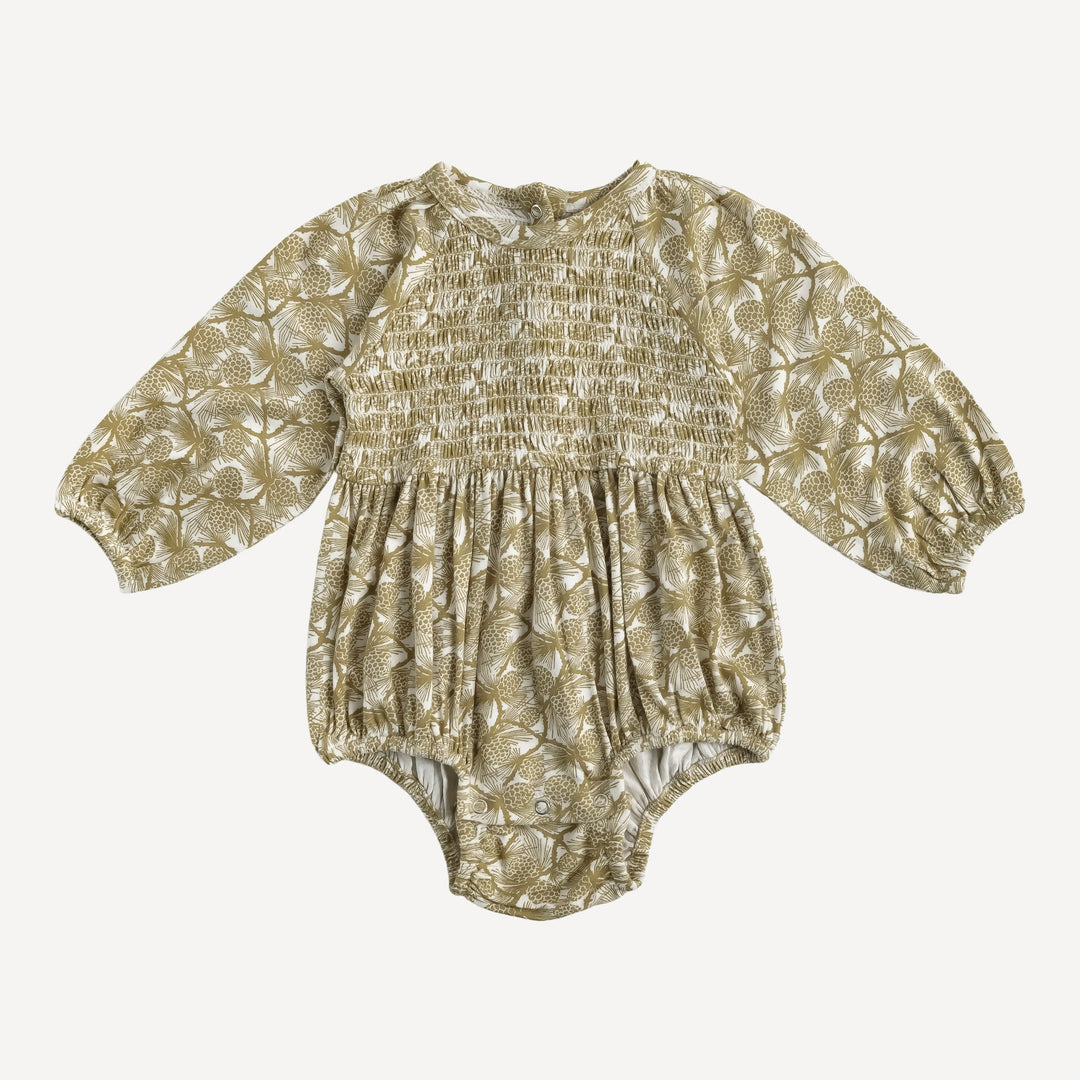 long sleeve puff smocked bubble | evergreen pinecone | organic cotton