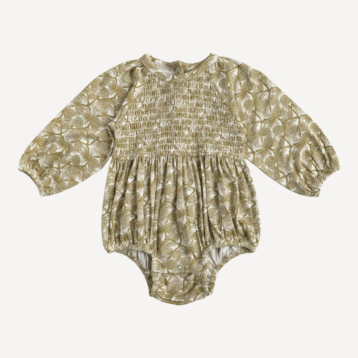 long sleeve puff smocked bubble | evergreen pinecone | organic cotton