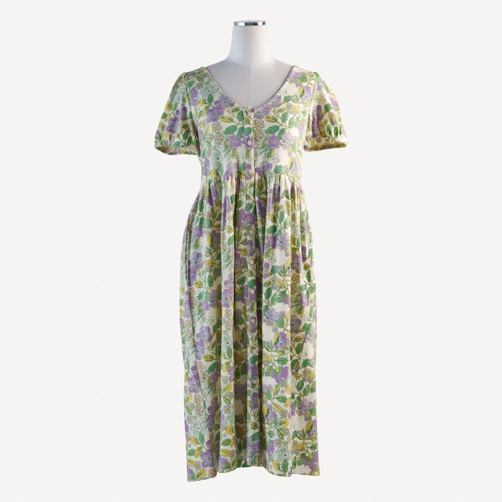 womens v-neck button front short puff sleeve pocket dress | spring farm floral | organic cotton interlock
