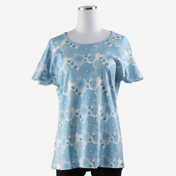 womens flutter sleeve top | blue vintage floral | organic cotton interlock