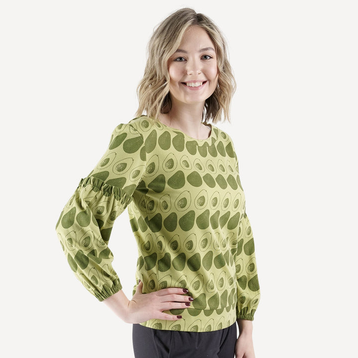 womens long bubble sleeve top | 70s avocado | organic cotton interlock