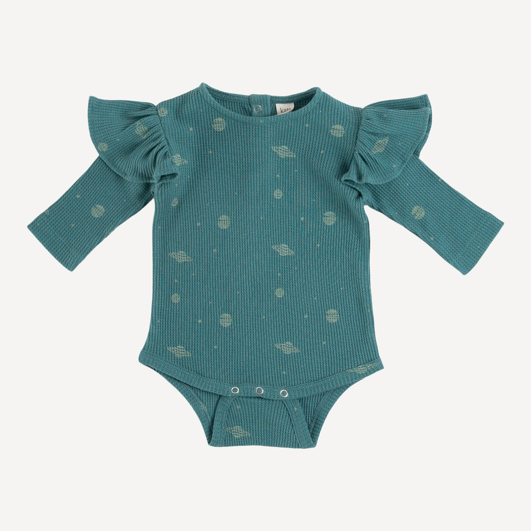 long sleeve shoulder ruffle bodysuit | sea pine planets | organic cotton thermal