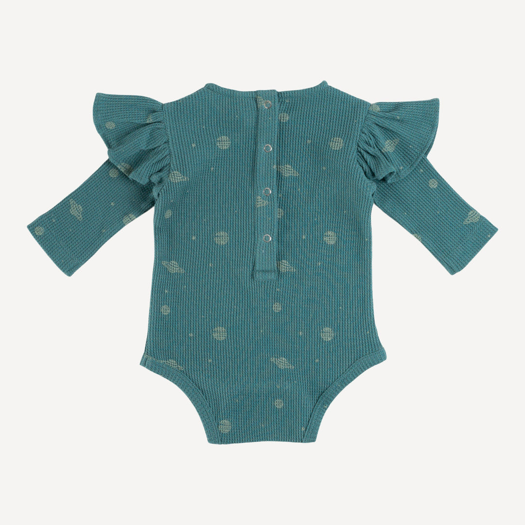 long sleeve shoulder ruffle bodysuit | sea pine planets | organic cotton thermal