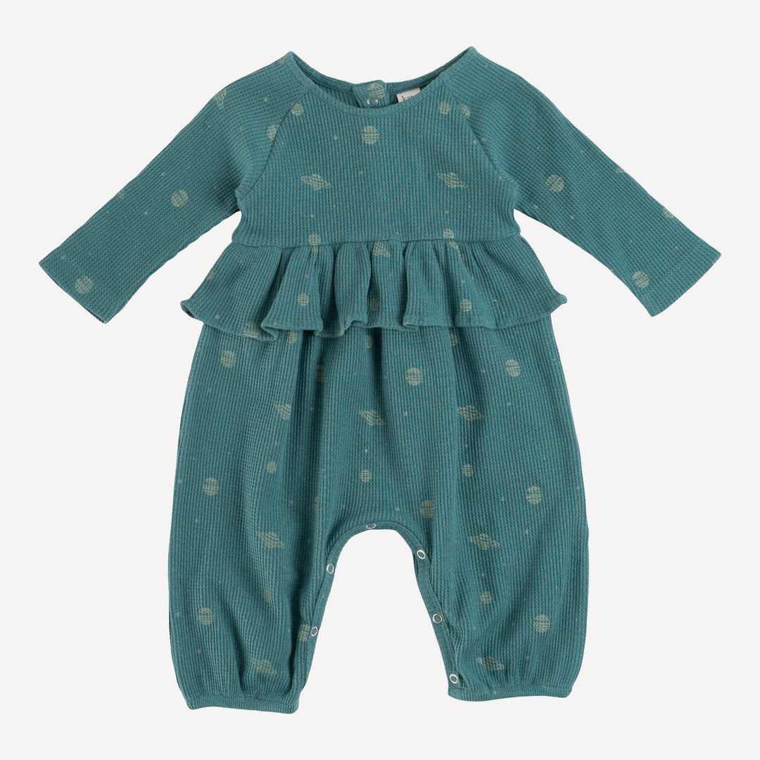 long sleeve ruffle romper | sea pine planets | organic cotton thermal