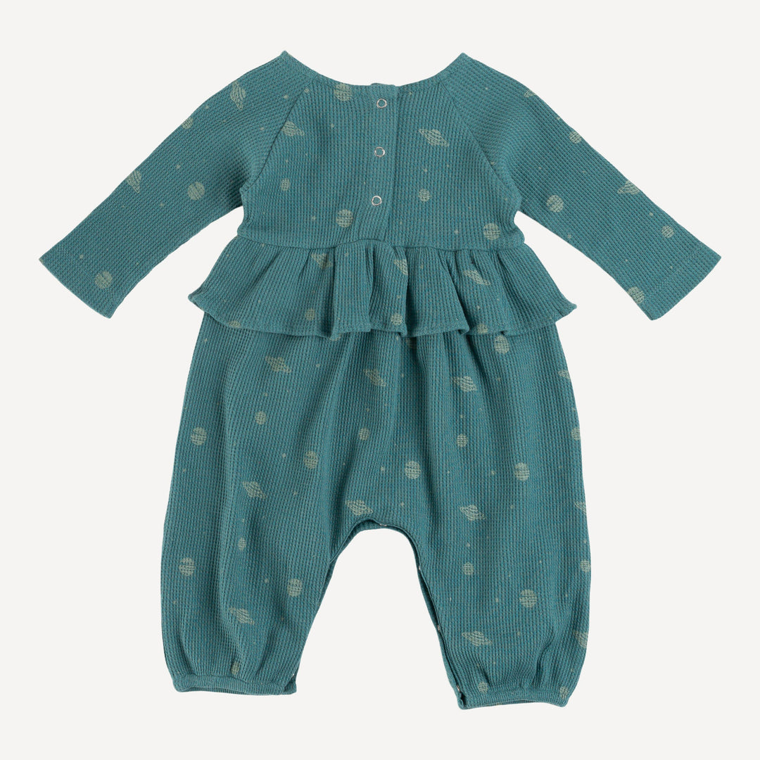 long sleeve ruffle romper | sea pine planets | organic cotton thermal