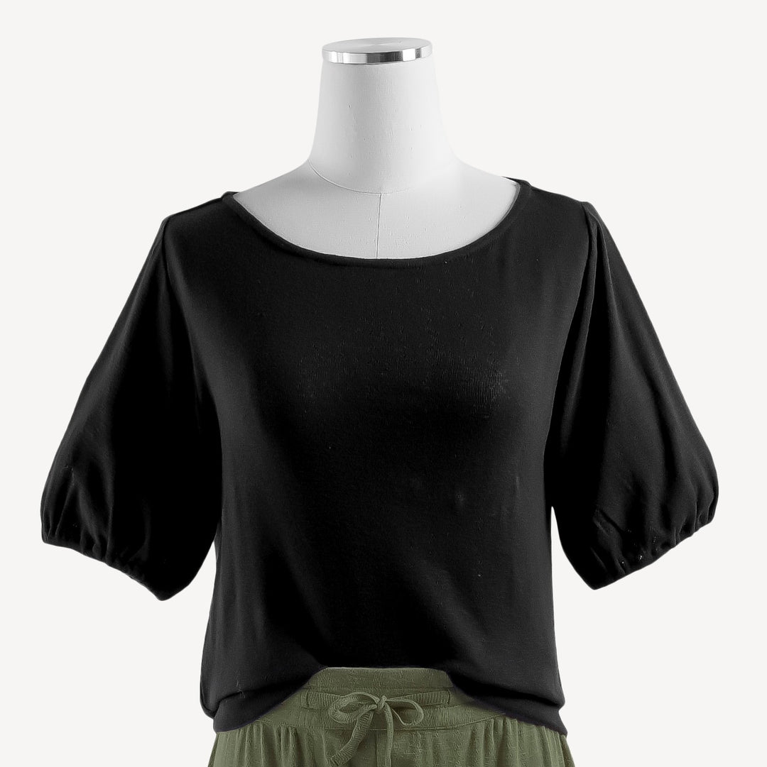 womens half sleeve gathered top | black | organic cotton pointelle