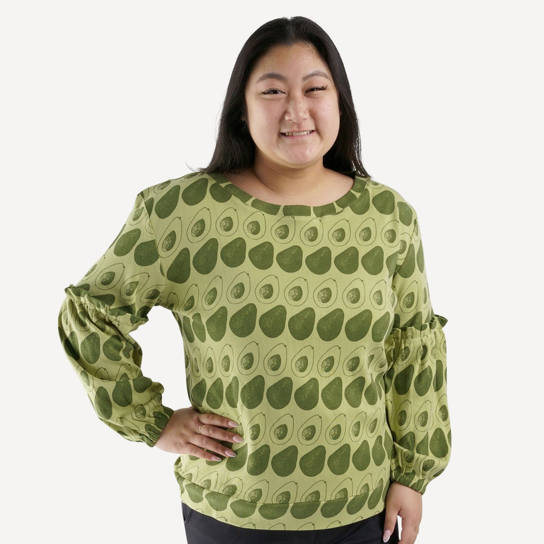 womens long bubble sleeve top | 70s avocado | organic cotton interlock