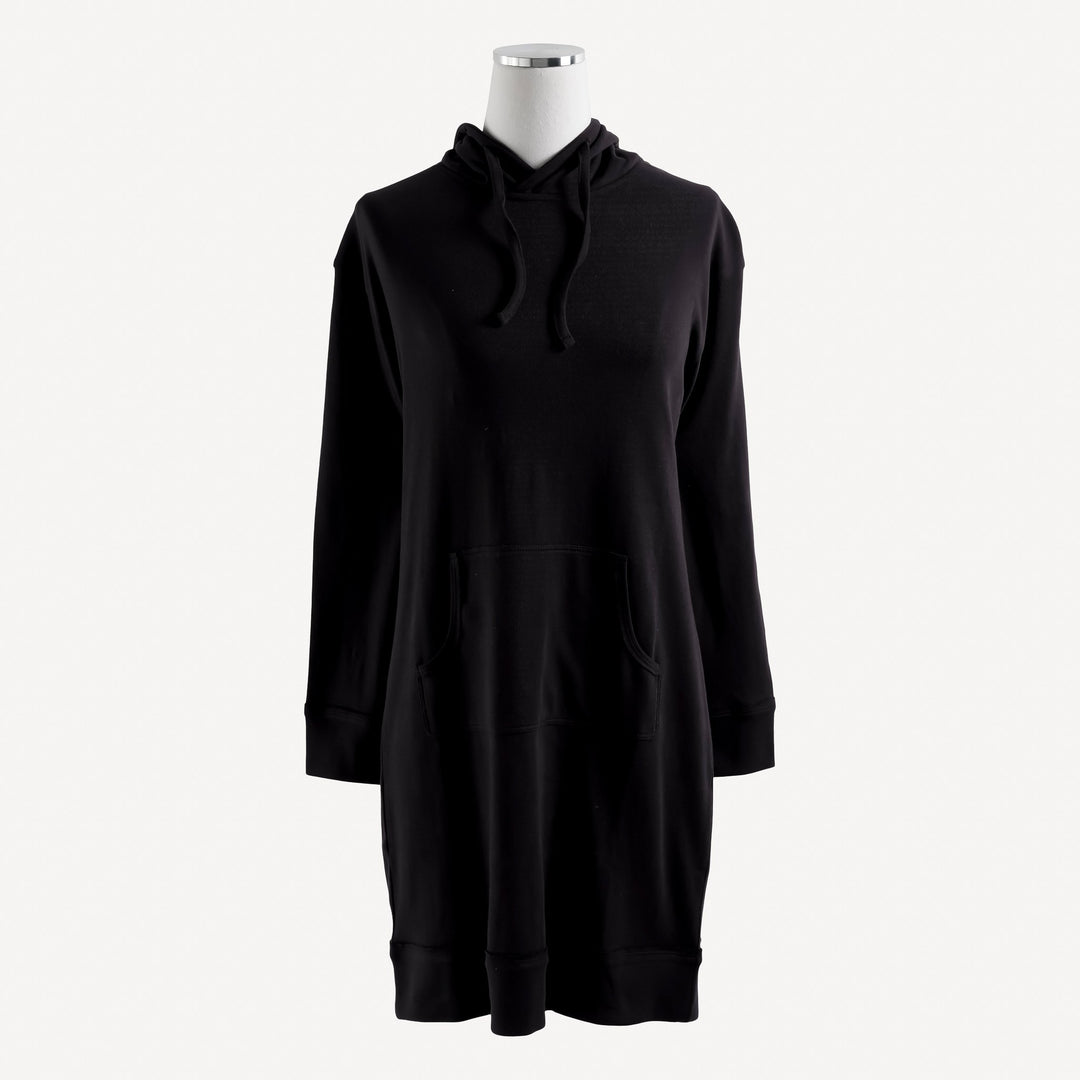 womens pocket hooded dress | black bean | raw edge organic cotton