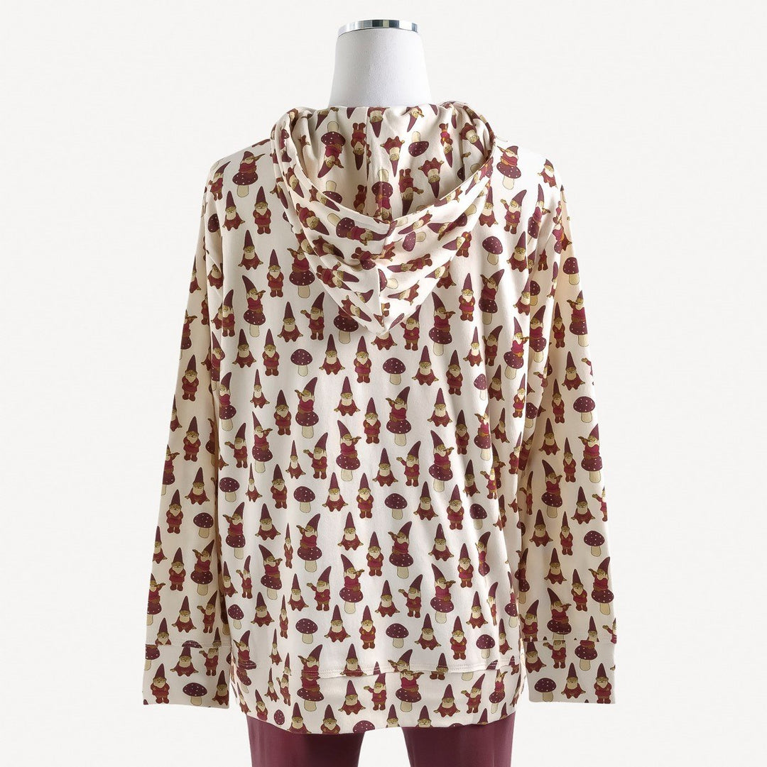 womens kanga pocket boxy sweatshirt | gnomes | raw edge organic cotton