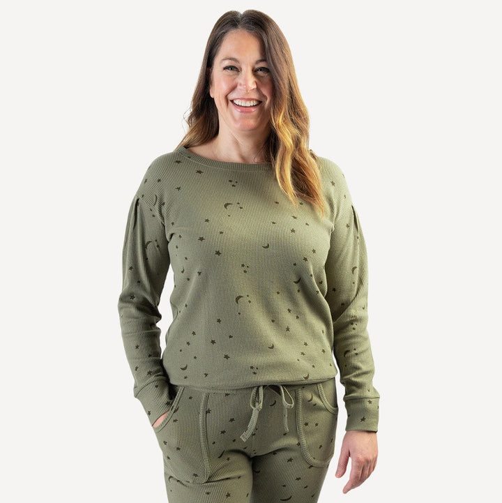 womens long pleated puff sleeve relaxed top | olive stars + moon | organic cotton thermal