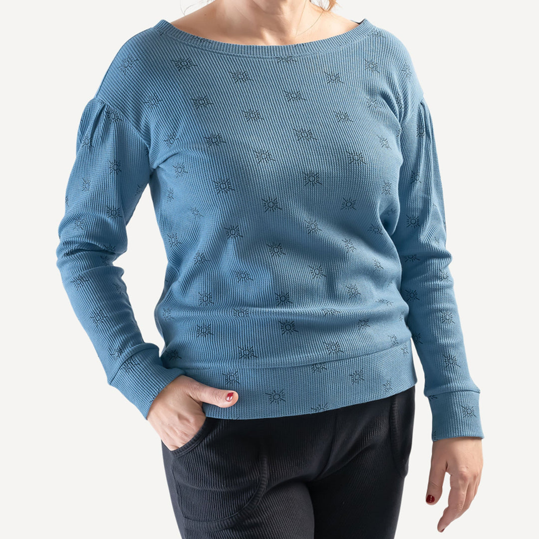 womens long pleated puff sleeve relaxed top | blue night tiny suns | organic cotton thermal
